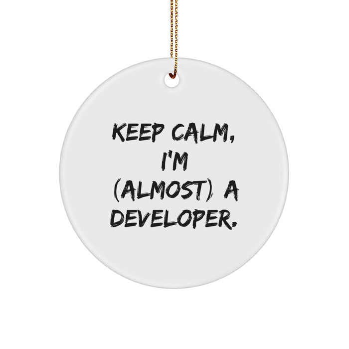 Funny Developer Gifts for Men, Keep Calm I'm (almost) A Developer, Christmas Unique Ornaments Circle Shape - Image 1