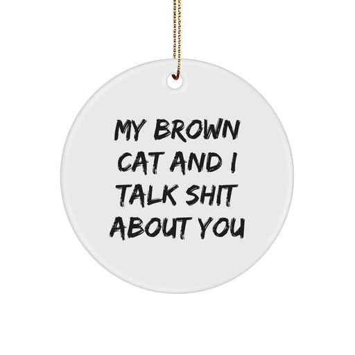 Funny Brown Cat Gifts for Men, Women, Friends, Coworkers, Family - 'My Brown Cat And I Talk Shit About You' Circle Ornament, White, Christmas Unique Gifts from Friends, for Brown Cat Enthusiasts - Image 1