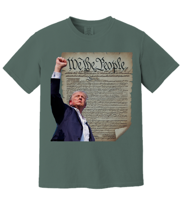 Patriotic President Trump T-Shirt - We the People with Uplifted Fist and US Constitution