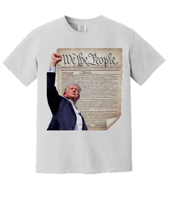 Patriotic President Trump T-Shirt - We the People with Uplifted Fist and US Constitution