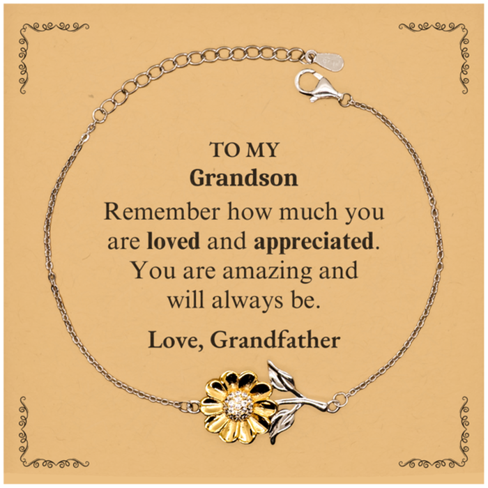 Adjustable Sunflower Bracelet for Grandson Birthday Gifts for From Grandfather, Graduation Grandson Idea Gifts Remember how much you are loved and appreciated.