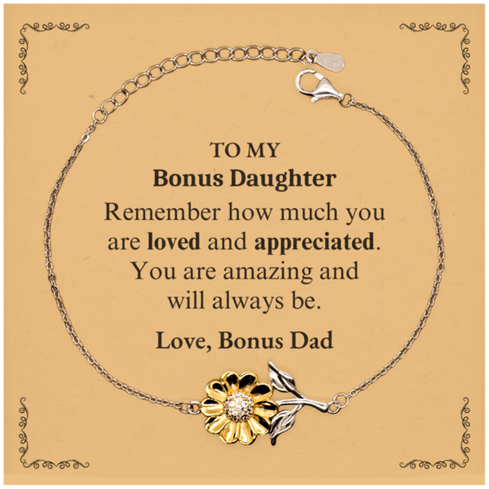 Adjustable Sunflower Bracelet for Bonus Daughter Birthday Gifts for From Bonus Dad, Graduation Bonus Daughter Idea Gifts Remember how much you are loved and appreciated.