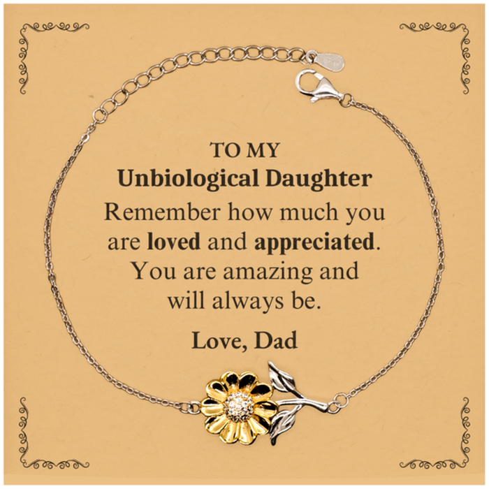 Adjustable Sunflower Bracelet for Unbiological Daughter Birthday Gifts for From Dad, Graduation Unbiological Daughter Idea Gifts Remember how much you are loved and appreciated.