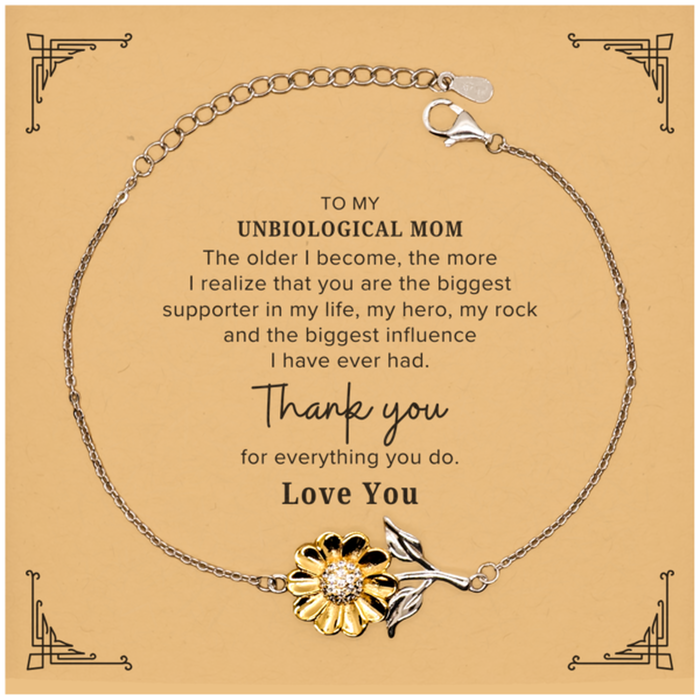 Unbiological Mom Gift. To My Unbiological Mom, You are the Biggest Supporter in my Life. Appreciation Gifts for Birthday. Thank You Message Gift. Sunflower Bracelet for Unbiological Mom