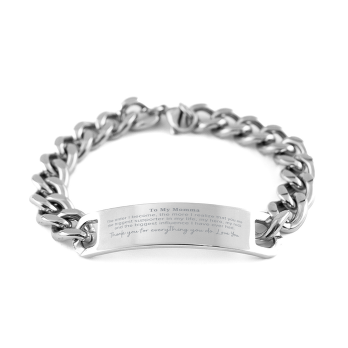 Momma Gift. To My Momma, You are the Biggest Supporter in my Life. Appreciation Gifts for Birthday. Thank You Message Gift. Cuban Chain Stainless Steel Bracelet for Momma