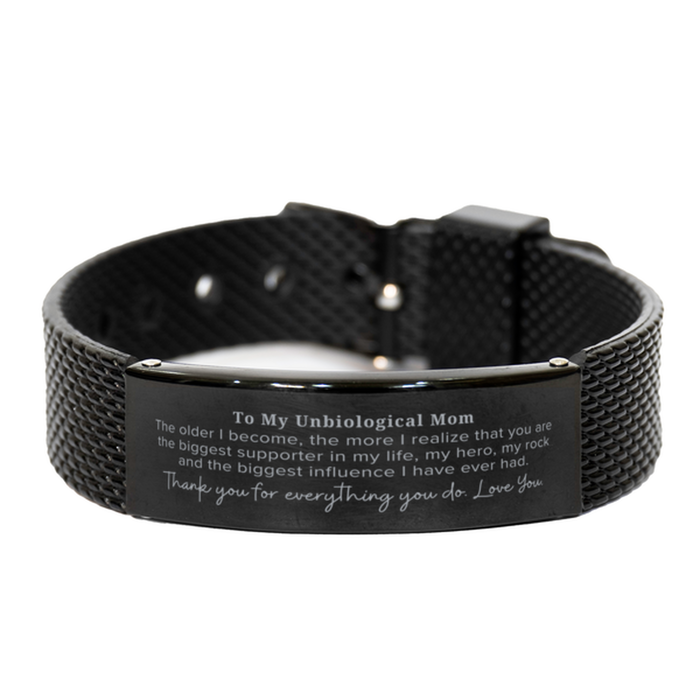 Unbiological Mom Gift. To My Unbiological Mom, You are the Biggest Supporter in my Life. Appreciation Gifts for Birthday. Thank You Message Gift. Black Shark Mesh Bracelet for Unbiological Mom