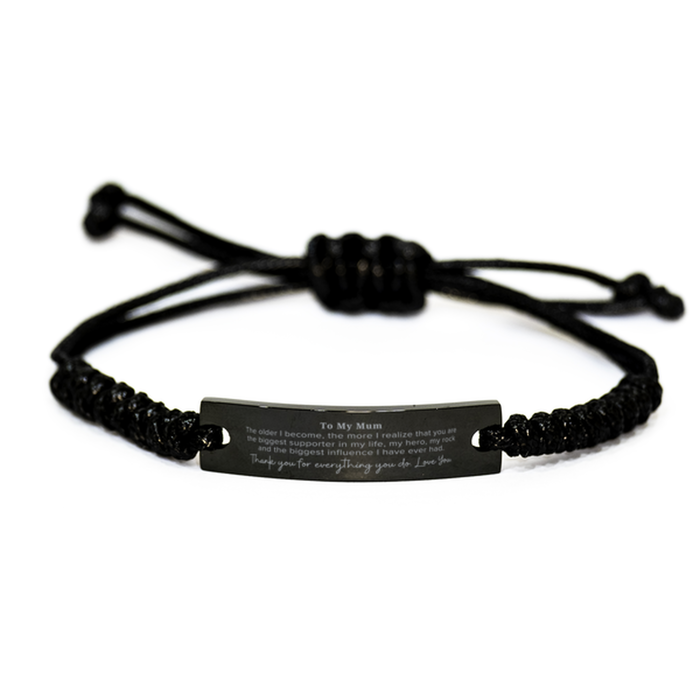 Mum Gift. To My Mum, You are the Biggest Supporter in my Life. Appreciation Gifts for Birthday. Thank You Message Gift. Black Rope Bracelet for Mum