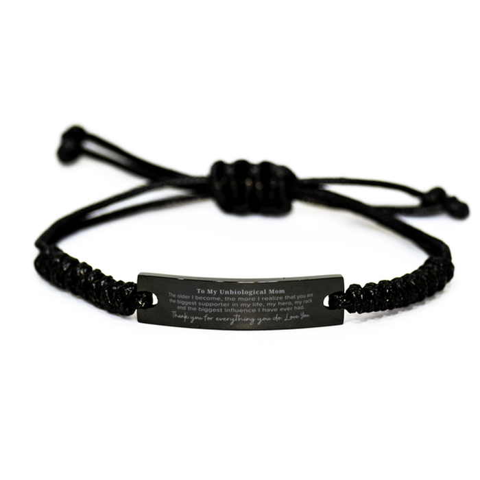 Unbiological Mom Gift. To My Unbiological Mom, You are the Biggest Supporter in my Life. Appreciation Gifts for Birthday. Thank You Message Gift. Black Rope Bracelet for Unbiological Mom