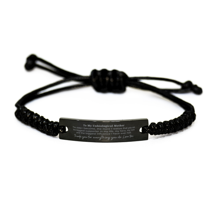 Unbiological Mother Gift. To My Unbiological Mother, You are the Biggest Supporter in my Life. Appreciation Gifts for Birthday. Thank You Message Gift. Black Rope Bracelet for Unbiological Mother