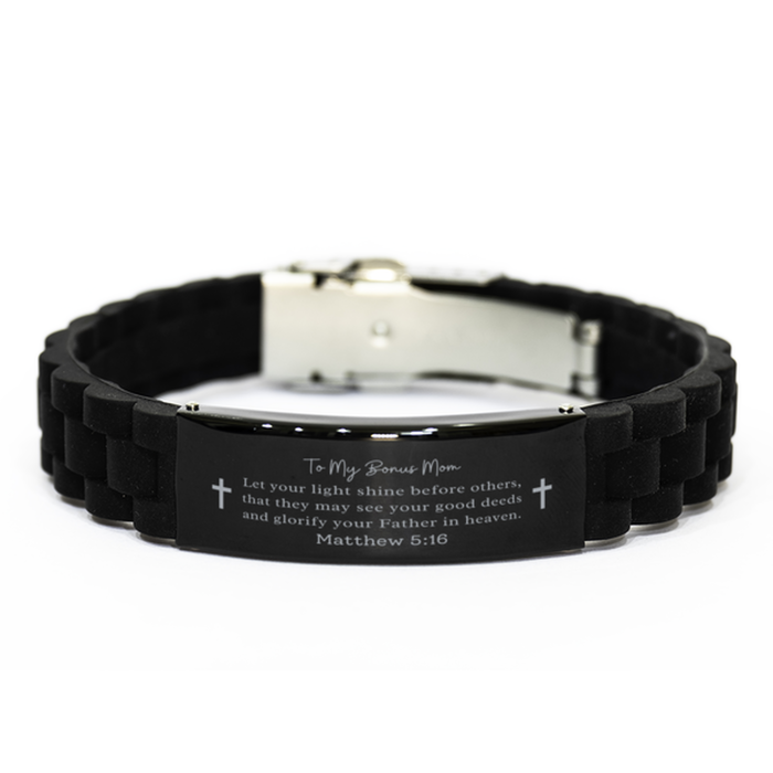 Bible Verse Gifts for Bonus Mom, Matthew 5:16, Let your light shine before others. Religious Black Glidelock Clasp Bracelet for Bonus Mom. Unique Christian Gift