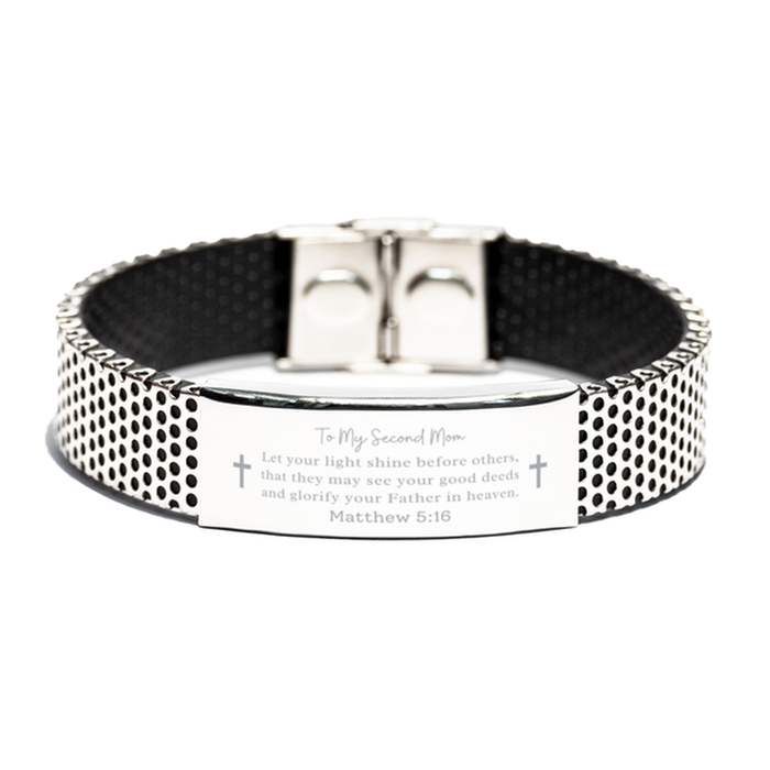 Bible Verse Gifts for Second Mom, Matthew 5:16, Let your light shine before others. Religious Stainless Steel Bracelet for Second Mom. Unique Christian Gift