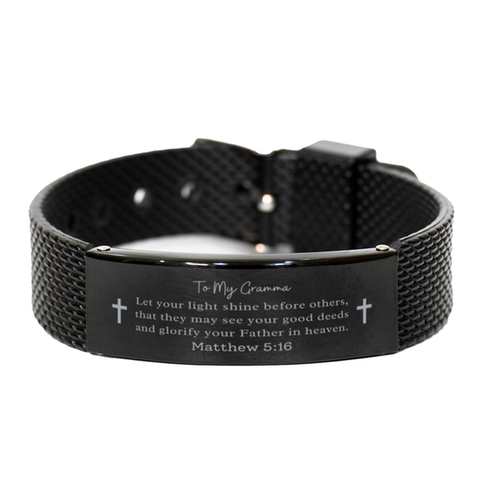 Bible Verse Gifts for Gramma, Matthew 5:16, Let your light shine before others. Religious Black Shark Mesh Bracelet for Gramma. Unique Christian Gift