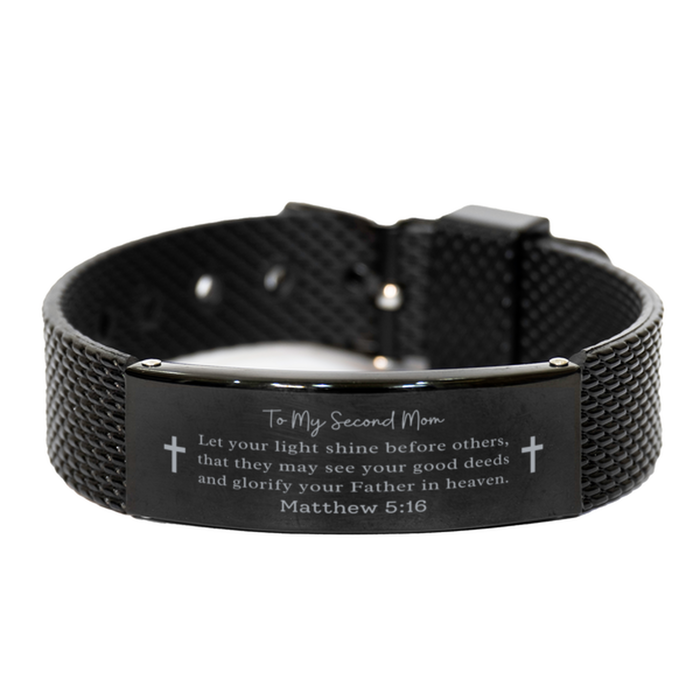 Bible Verse Gifts for Second Mom, Matthew 5:16, Let your light shine before others. Religious Black Shark Mesh Bracelet for Second Mom. Unique Christian Gift