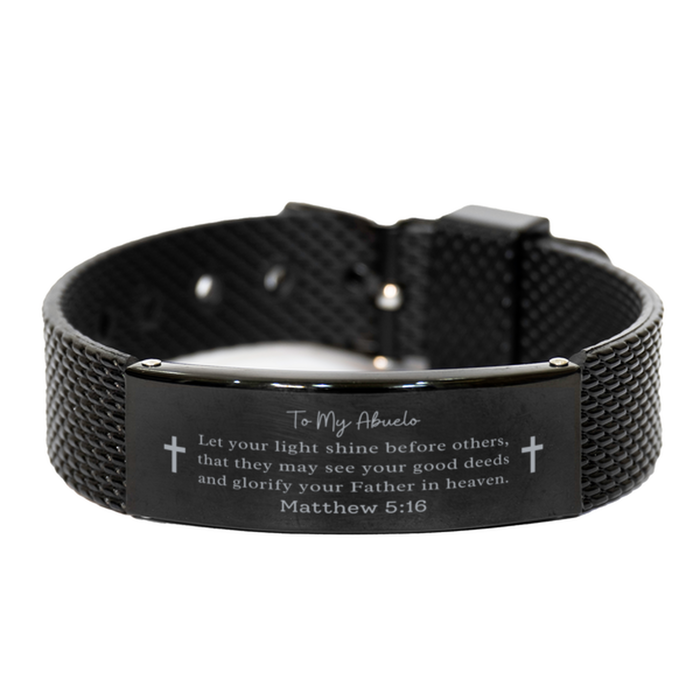 Bible Verse Gifts for Abuelo, Matthew 5:16, Let your light shine before others. Religious Black Shark Mesh Bracelet for Abuelo. Unique Christian Gift