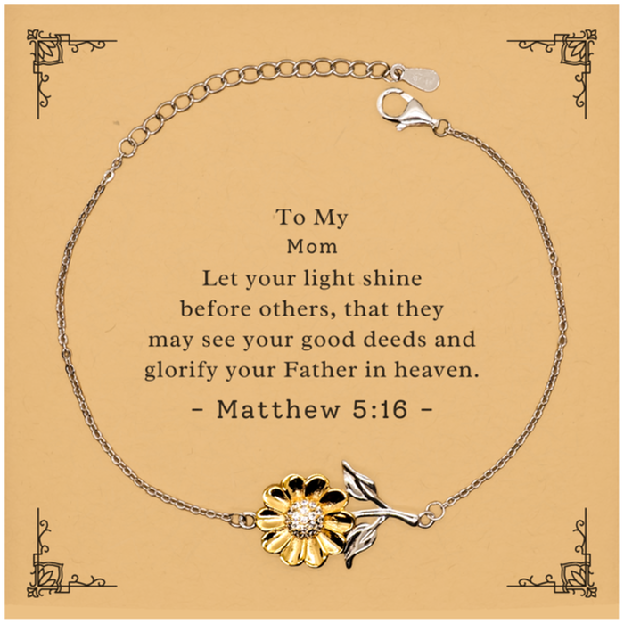 Bible Verse Gifts for Mom, Matthew 5:16, Let your light shine before others. Religious Sunflower Bracelet for Mom. Unique Christian Gift