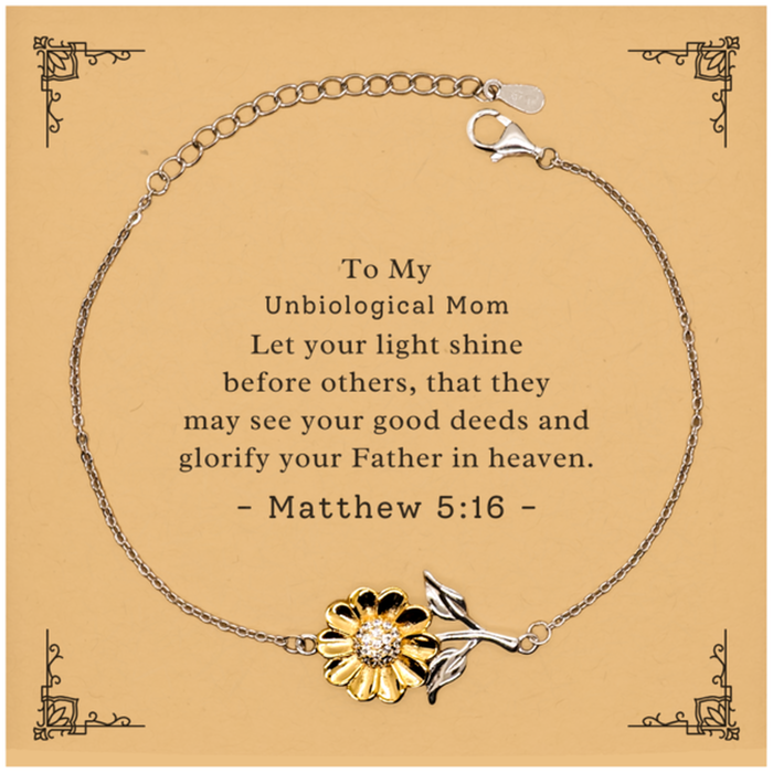 Bible Verse Gifts for Unbiological Mom, Matthew 5:16, Let your light shine before others. Religious Sunflower Bracelet for Unbiological Mom. Unique Christian Gift