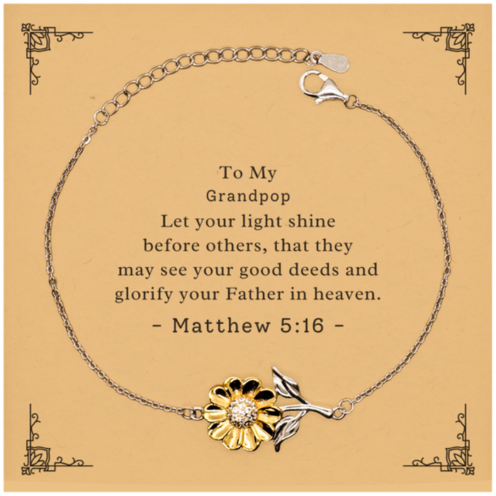 Bible Verse Gifts for Grandpop, Matthew 5:16, Let your light shine before others. Religious Sunflower Bracelet for Grandpop. Unique Christian Gift