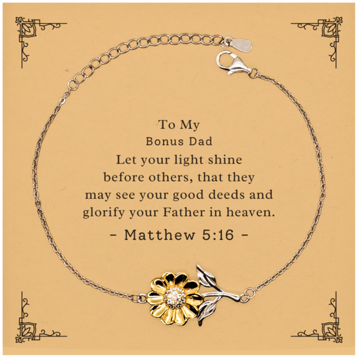 Bible Verse Gifts for Bonus Dad, Matthew 5:16, Let your light shine before others. Religious Sunflower Bracelet for Bonus Dad. Unique Christian Gift