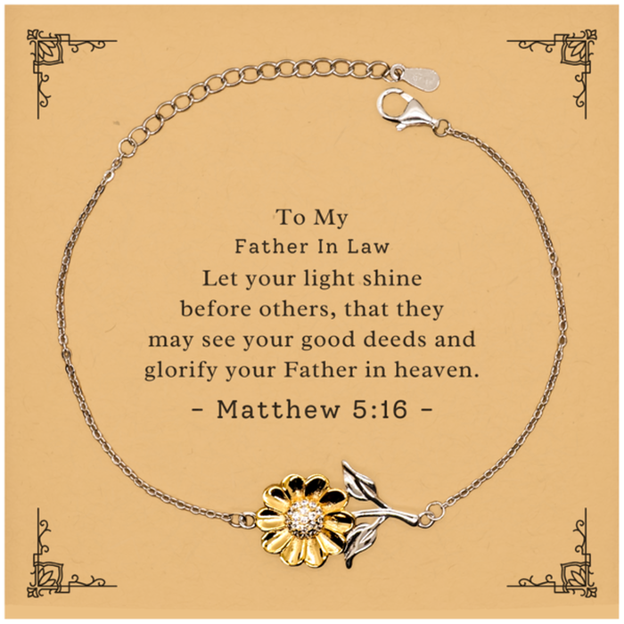 Bible Verse Gifts for Father In Law, Matthew 5:16, Let your light shine before others. Religious Sunflower Bracelet for Father In Law. Unique Christian Gift