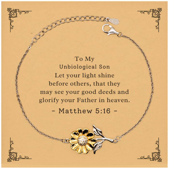 Bible Verse Gifts for Unbiological Son, Matthew 5:16, Let your light shine before others. Religious Sunflower Bracelet for Unbiological Son. Unique Christian Gift