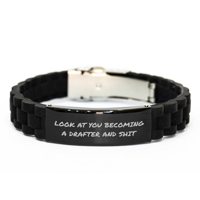 Funny Drafter Gifts for Him, 'Look At You Becoming A Drafter And Shit' Glide lock Clasp Bracelet, Black Stainless Steel Christmas Unique Gifts for Men, Friends and Family - Image 1