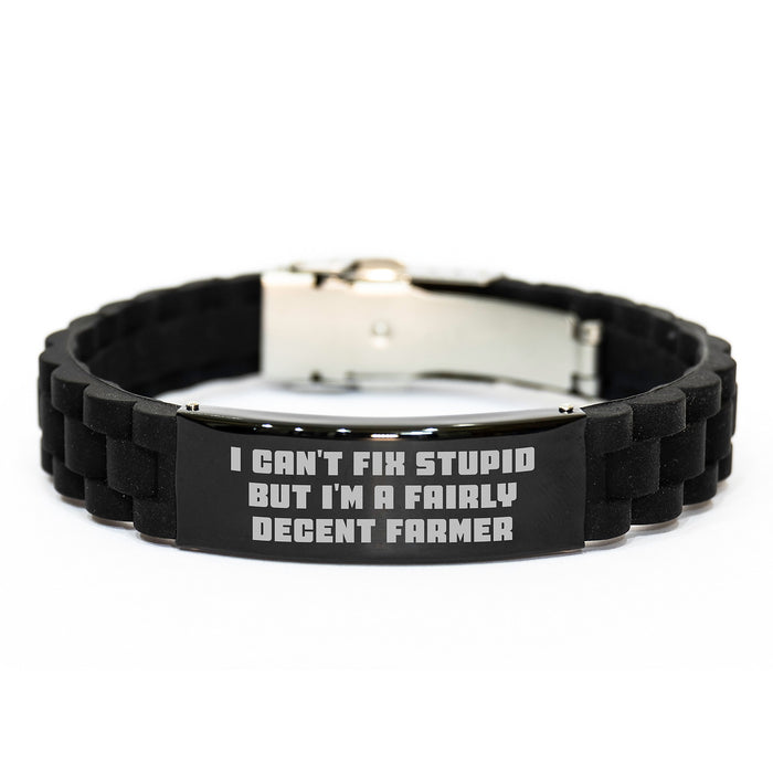 Funny Quotes for Farmers, Valentine's Unique Gifts for Men - Farmer I Can't Fix Stupid But I'm A Fairly Decent Farmer Glide lock Clasp Bracelet, Adjustable Silver Black Stainless Steel Silicone - Image 1