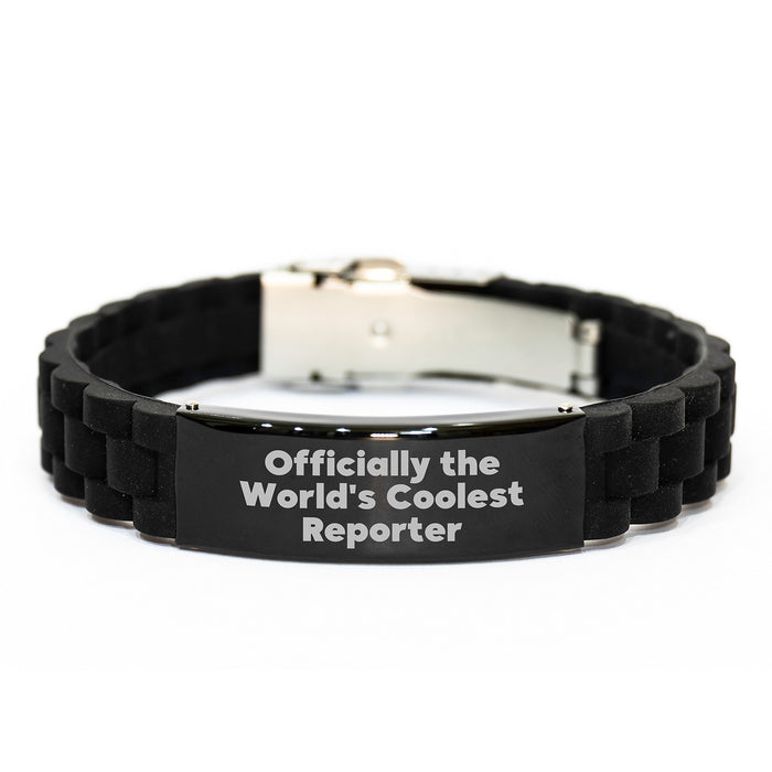 Funny Reporter Gifts for Men - Officially The World's Coolest Reporter Glide lock Clasp Bracelet, Adjustable Black Stainless Steel Silicone - Image 1