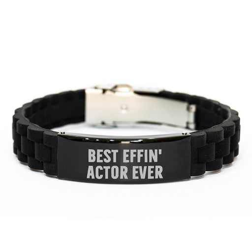 Funny Actor Gifts, Best Effin' Actor Ever Quote Glide lock Clasp Bracelet, Adjustable Silver Black Stainless Steel Silicone for Men, Unique Father's Day Unique Gift from Family to Actor - Image 1