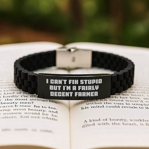 Funny Quotes for Farmers, Valentine's Unique Gifts for Men - Farmer I Can't Fix Stupid But I'm A Fairly Decent Farmer Glide lock Clasp Bracelet, Adjustable Silver Black Stainless Steel Silicone - Image 2