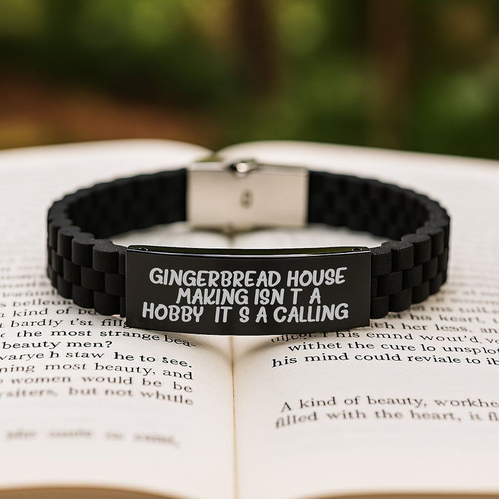 Gingerbread House Making Gifts for Men, Women, Coworkers, and Friends - Funny Quote Glide lock Clasp Bracelet for Birthday - Adjustable Silver Black Stainless Steel Silicone Jewelry - Image 2