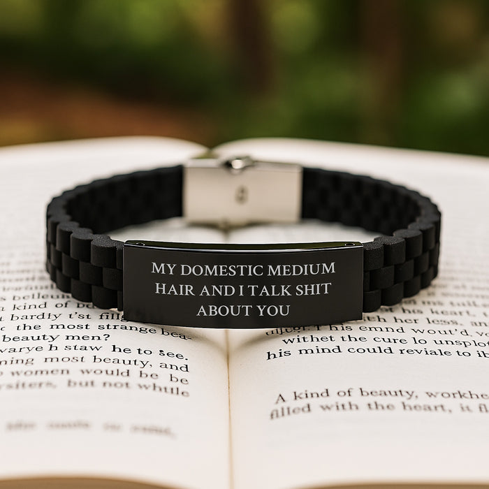 Funny Domestic Medium Hair Cat Gifts - 'My Domestic Medium Hair And I Talk Shit About You' Black Glide lock Clasp Birthday Jewelry for Friends from You, Gifts for Domestic Medium Hair Cat Lovers - Image 2