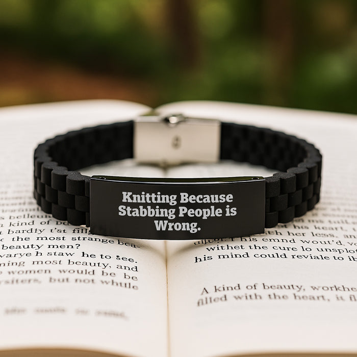Funny Knitting Gifts for Graduation, Glide lock Clasp Bracelet with Quirky Quote, Adjustable Silver Black Stainless Steel Silicone - Image 2