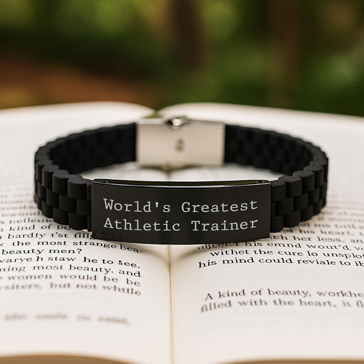 World's Greatest Athletic Trainer Funny Gift for Birthday, Glide lock Clasp Bracelet for Men or Women, Adjustable Black Stainless Steel and Silicone, 'You're the World's Greatest' Quote - Image 2