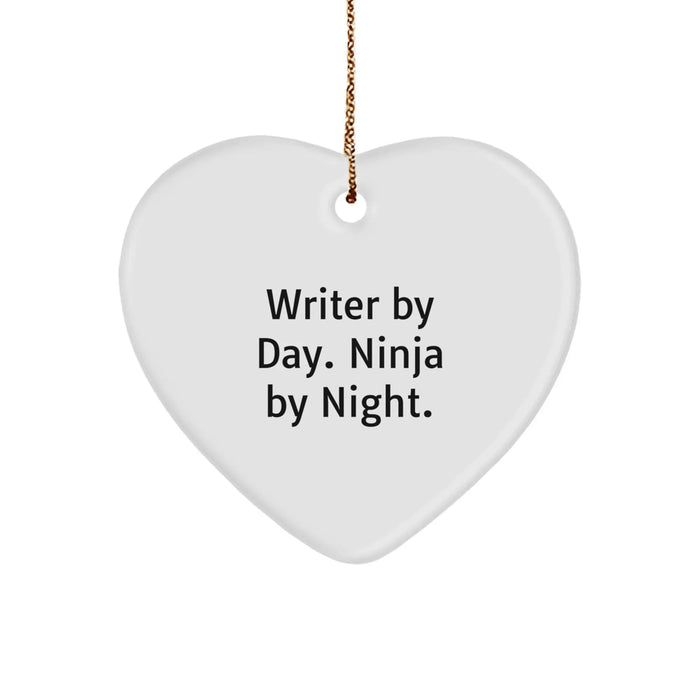 Funny Writer Heart Ornament, Gifts for Writers, Christmas Unique Gifts from Friends or Family, Writer By Day. Ninja By Night. - Image 1