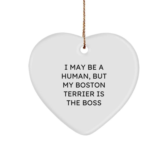 Funny Boston Terrier Dog Gifts from Family - Heart Ornament for Boston Terrier Lover, I May Be A Human, But My Boston Terrier Is The Boss - Image 1
