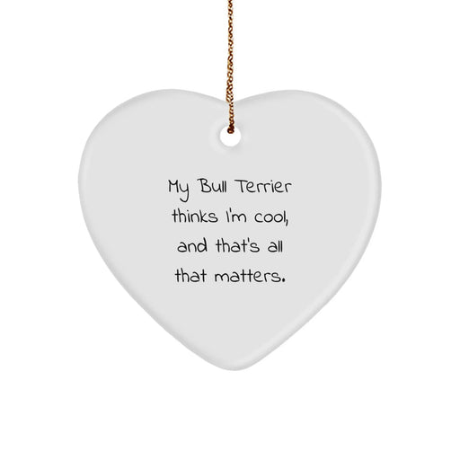 Bull Terrier Dog Gifts for Friends, Funny Heart Ornament with 'My Bull Terrier Thinks I'm Cool, And That's All That Matters.' Quote, Christmas Unique Gifts from Family - Image 1