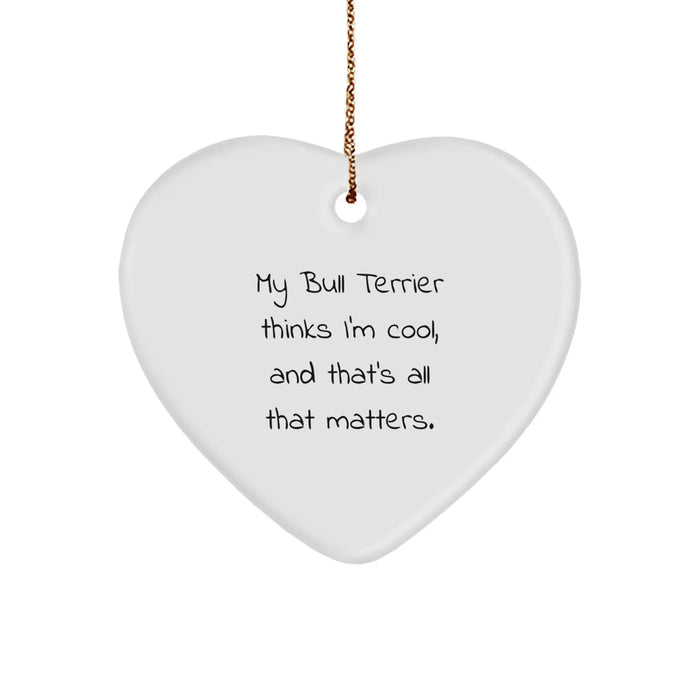 Bull Terrier Dog Gifts for Friends, Funny Heart Ornament with 'My Bull Terrier Thinks I'm Cool, And That's All That Matters.' Quote, Christmas Unique Gifts from Family - Image 1