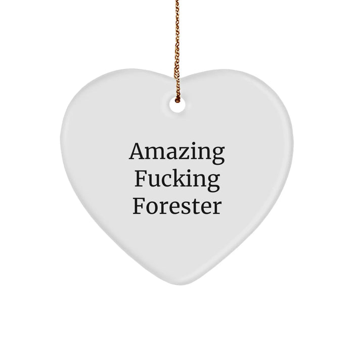 Forester Gifts from Friends, Funny Heart Ornament for Christmas, 'Amazing F--king Forester' Quote, Gifts for Forester, Heart Shaped, MDF, Sublimation, White, 2.75" tall, 0.5 oz - Image 1