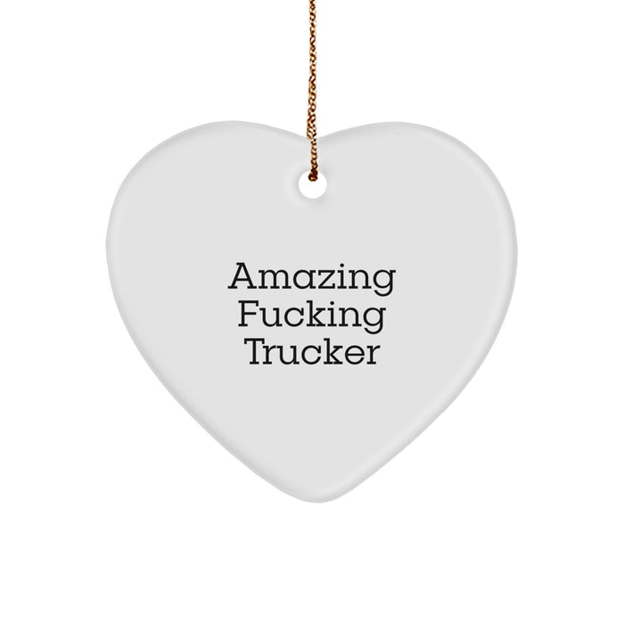 Funny Trucker Heart Ornament Gifts from Friends - 'Amazing F--king Trucker' Quote, Christmas Unique Gifts for Trucker - Image 1