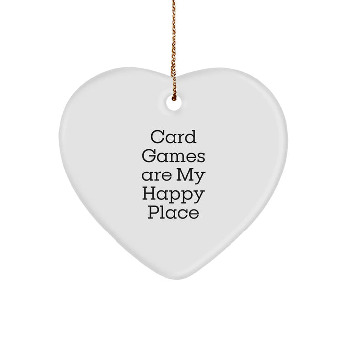 Funny Card Games Gifts for Friends, 'Card Games Are My Happy Place' Heart Ornament, White, 2.75' Tall, Perfect for Christmas - Image 1