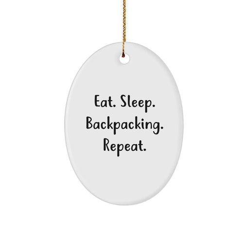 Funny Backpacking Gifts from Men to Friends - Oval Ornament Eat Sleep Backpacking Repeat - Image 1