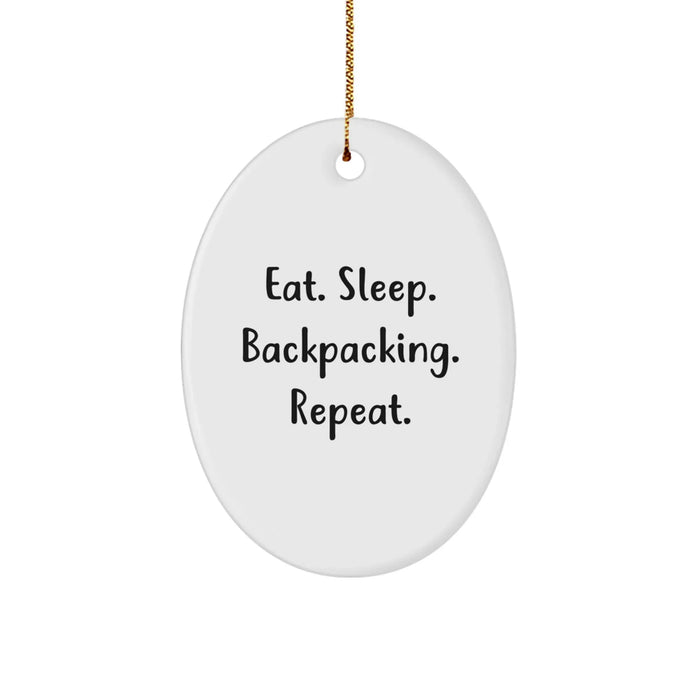 Funny Backpacking Gifts from Men to Friends - Oval Ornament Eat Sleep Backpacking Repeat - Image 1