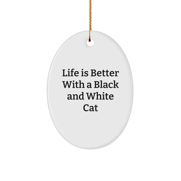 Black and White Cat Gifts for Men and Women, Oval Ornament with Funny Quote 'Life Is Better With A Black And White Cat' for Christmas, Gifts from Family and Friends - Image 1