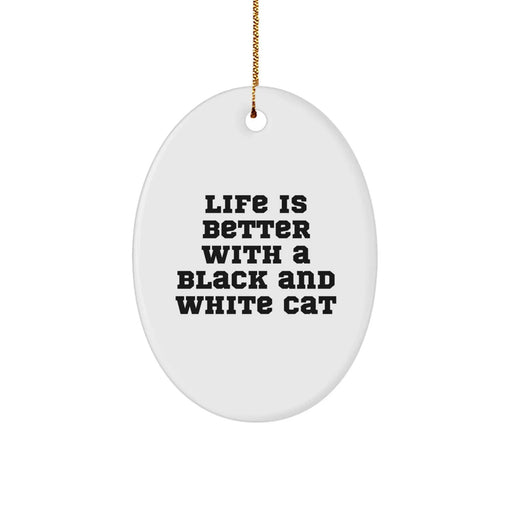 Black and White Cat Oval Ornament Gifts from Friends - 'Life Is Better With A Black And White Cat' Christmas Decoration - Image 1