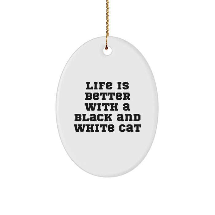Black and White Cat Oval Ornament Gifts from Friends - 'Life Is Better With A Black And White Cat' Christmas Decoration - Image 1