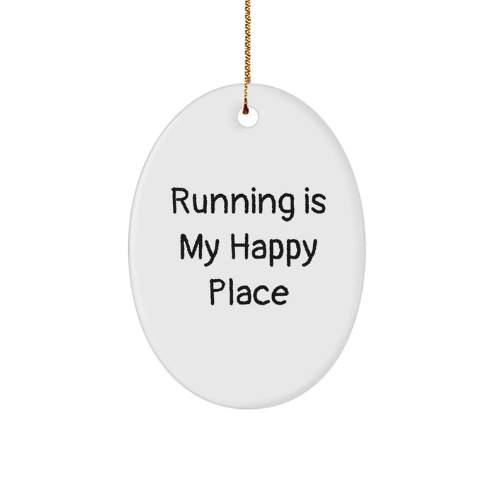 Running Is My Happy Place Oval Ornament, Gifts for Running Enthusiasts, White Oval Shaped MDF with High-Gloss Finish, Perfect for Christmas, Gifts from Friends - Image 1