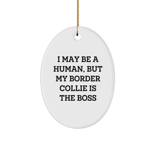Funny Border Collie Dog Mom Gifts from Friends for Christmas Unique Oval Ornament - 'I May Be A Human, But My Border Collie Is The Boss' - Image 1