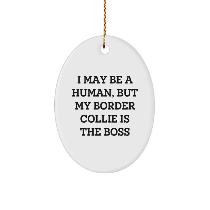 Funny Border Collie Dog Mom Gifts from Friends for Christmas Unique Oval Ornament - 'I May Be A Human, But My Border Collie Is The Boss' - Image 1
