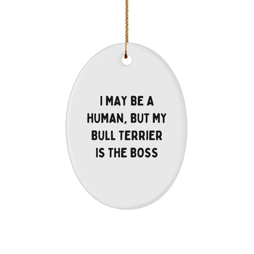 Funny Bull Terrier Dog Christmas Unique Gifts for Men Friends Family - Oval Ornament with I May Be A Human, But My Bull Terrier Is The Boss Quote, Gifts from Family to Family Members - Image 1