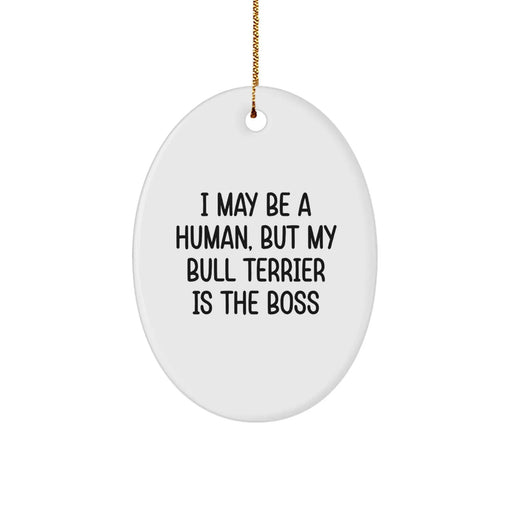 Funny Christmas Unique Gifts for Bull Terrier Dog Lovers - Oval Ornament I May Be A Human, But My Bull Terrier Is The Boss - Gifts from Friends and Family - Image 1
